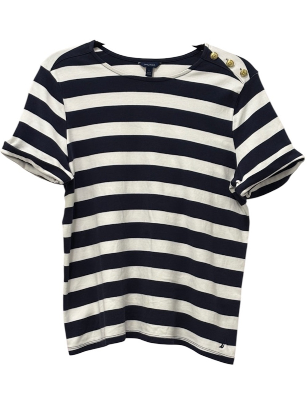 Nautica Striped Boatneck Top with Gold Button Detail - Navy & White - Picture 3 of 6
